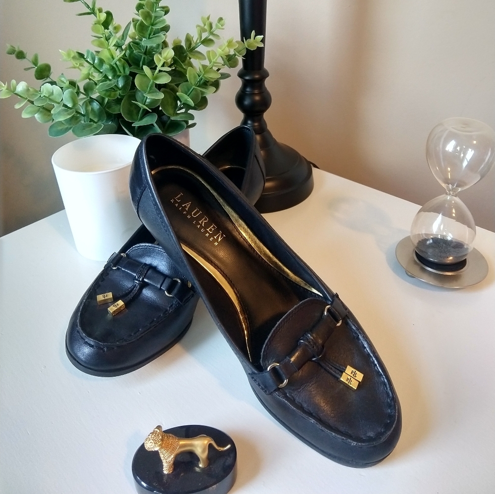 Lauren Ralph Lauren Black Leather Wedge Loafer Pumps, size 7.5